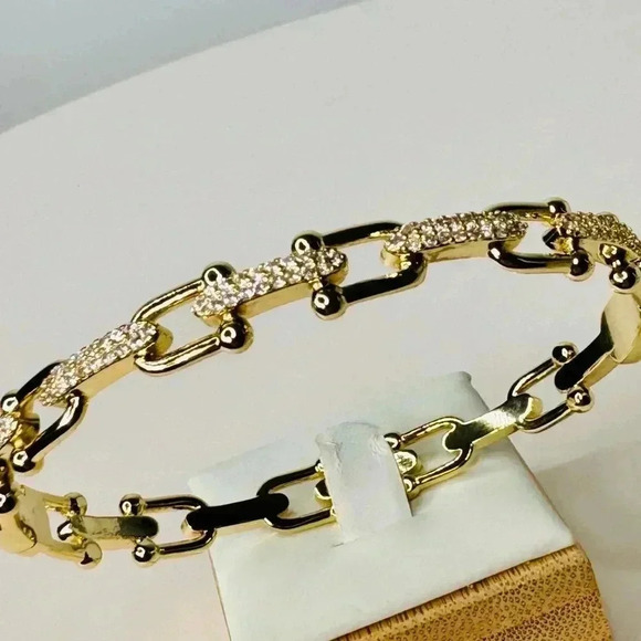 Equestrian Gold & Pave Horseshoe Buckle Hinged Bangle Bracelet - Picture 5 of 8